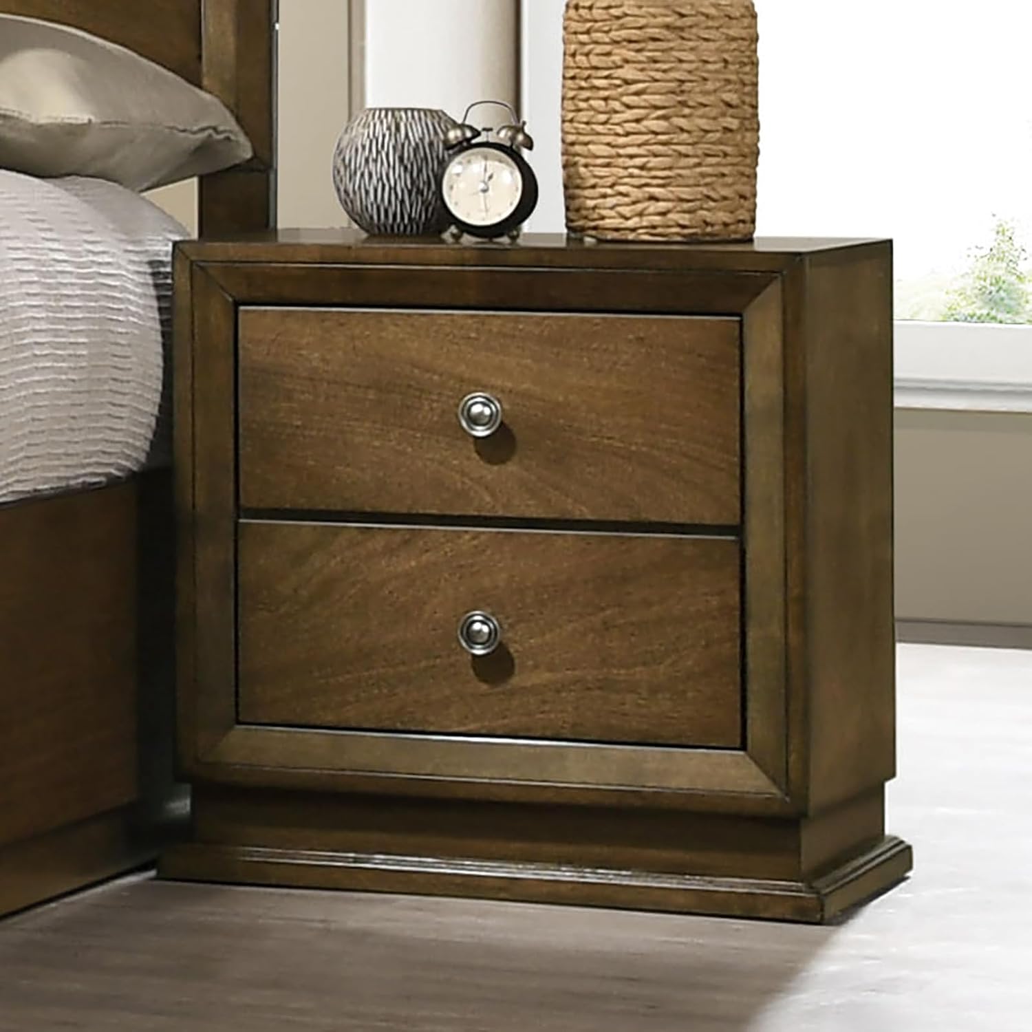 MASARA 3-Piece Transitional Bedroom Set, Walnut Rubberwood with Okume Veneer, Multiple, King/Queen/Full/Twin Bed with 2 Nightstands, Bronze Metal Knobs (Full)