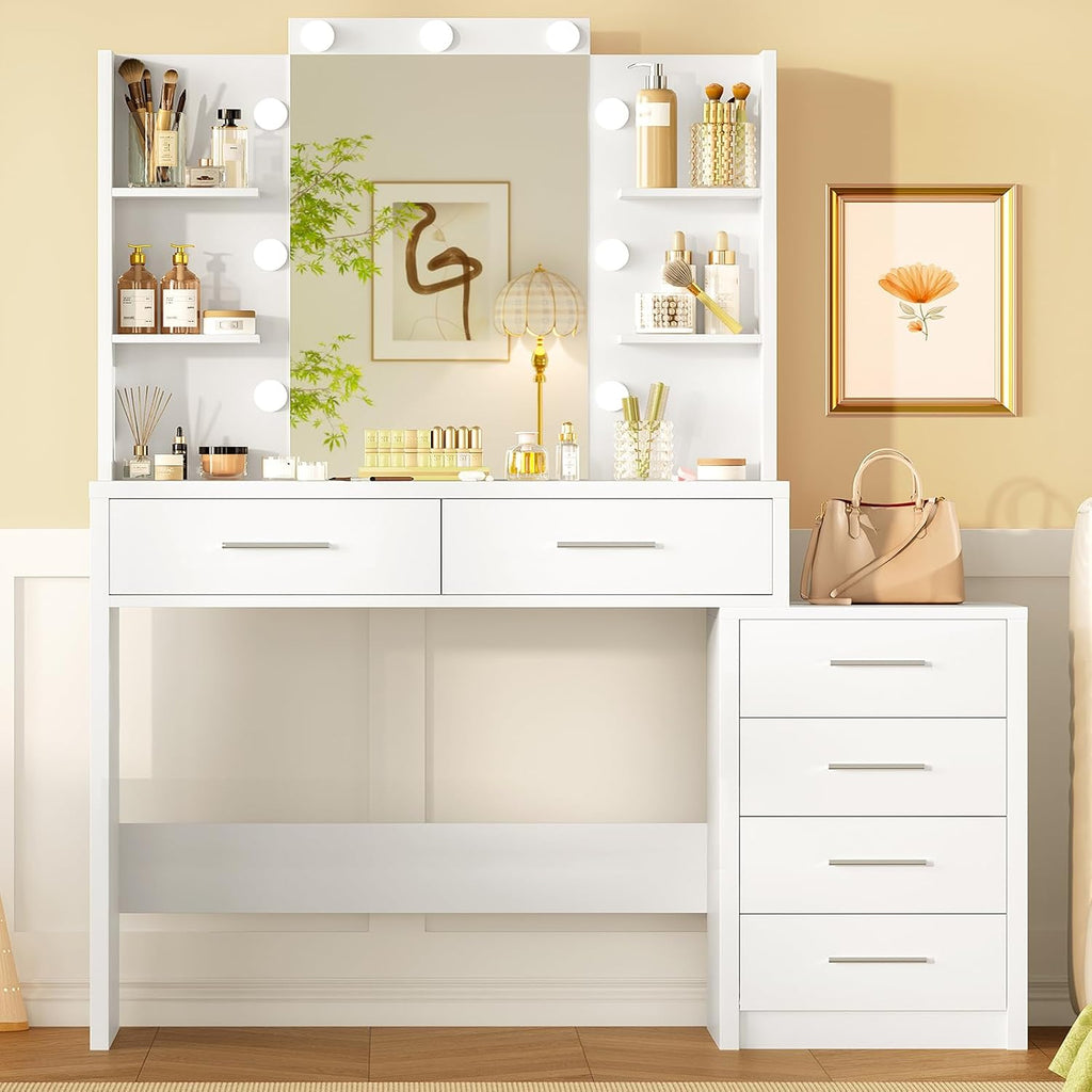 Quimoo 43.3' W Vanity Desk with Mirror and 9 LED Lights, Makeup Vanity with 6 Drawers, 6 Open Shelves, White Vanity for Women Girls, 43.3' W x 13.8' D x 54.3'