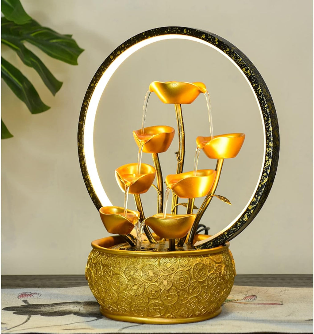Tabletop Fountain Indoor Fountain Tabletop Waterfall Fountains Relaxation Water Feature Feng Shui Good Luck Wealth Desktop with Light Home and Office Decor, Gold(Small)