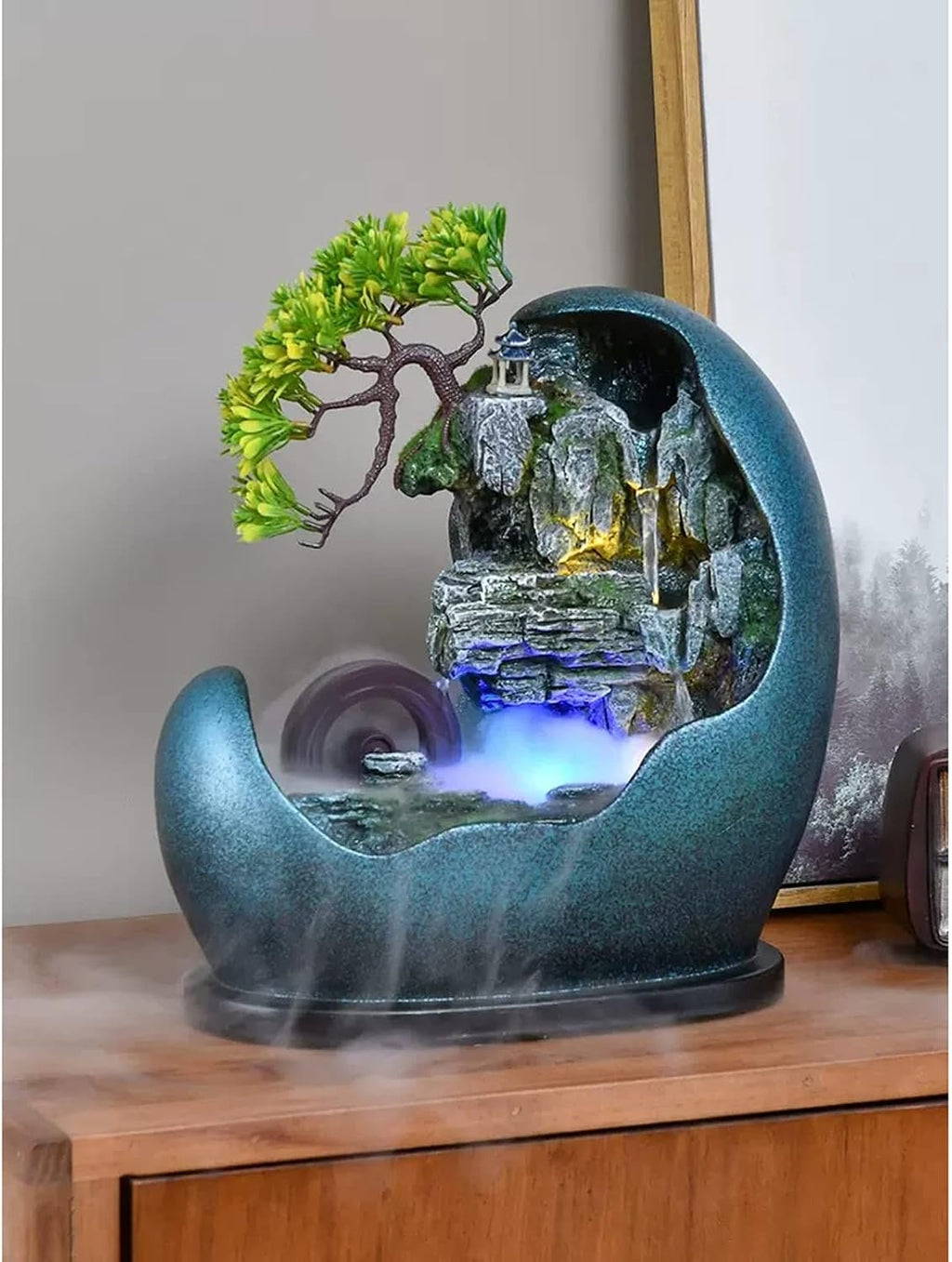 Desktop Fountain Tabletop Water Fountain in Artificial Bonsai Design Indoor Waterfalls Fountains Decorative Feng Shui with Automatic Pump Best Home Gifts for Friends or Family(Blue)