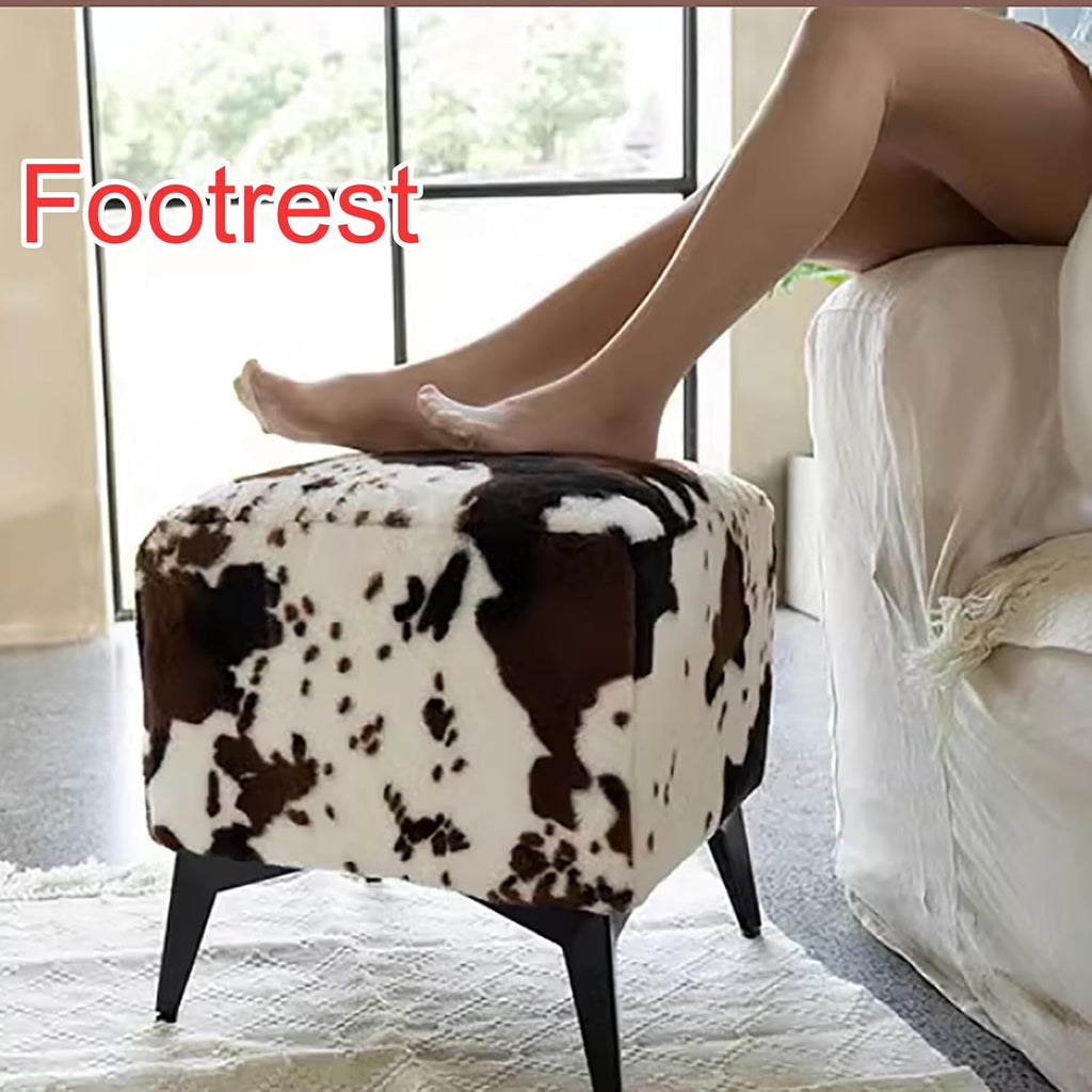 Square Footstool Ottoman,Vanity Stool Chair with Metal Leg,Furry Faux Cowhide Shoe Changing Bench for Vanity Entryway Bathroom Living Room Bedroom(17.3 * 15.7 * 15.7inch, Zebra)