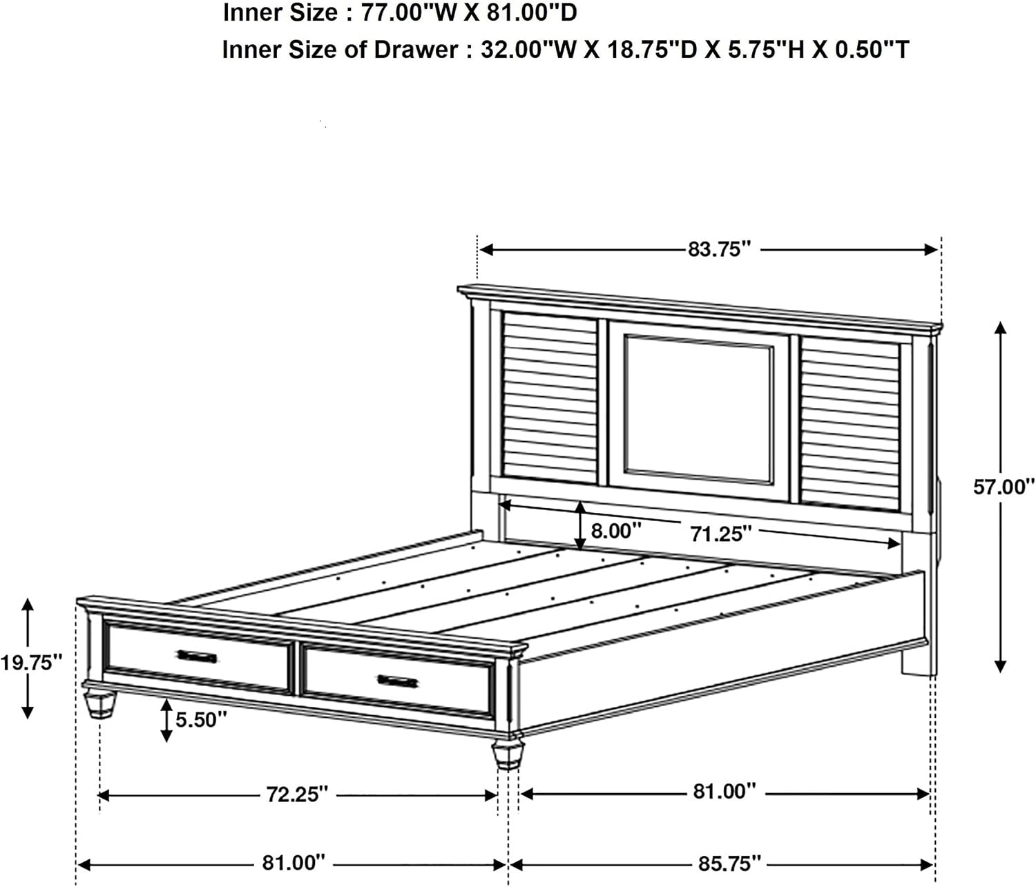 Coaster Home Furnishings Franco Farmhouse 4-Piece Bedroom Set Eastern King Size Storage Panel Bed Frame 57-inch Headboard Distressed White 205330KE-S4