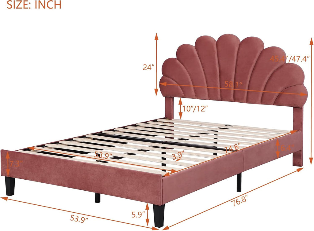 Harper & Bright Designs Full Size Upholstered Platform Bed with Flower Pattern Velvet Headboard, Bean Paste Red
