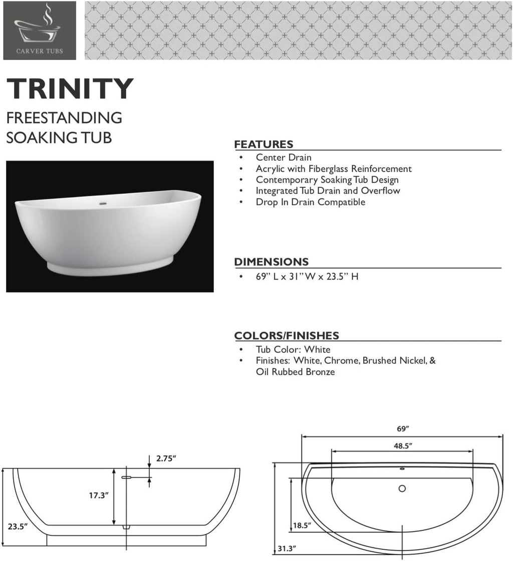 Carver Tubs - Trinity 69' - Modern White Freestanding Soaking Bath Tubs for bathroom, With Chrome Drain - Semicircular Acrylic Fiberglass Spacious Tub - Deep Relaxing Soak - 69'L x 31'W x 23.5'H
