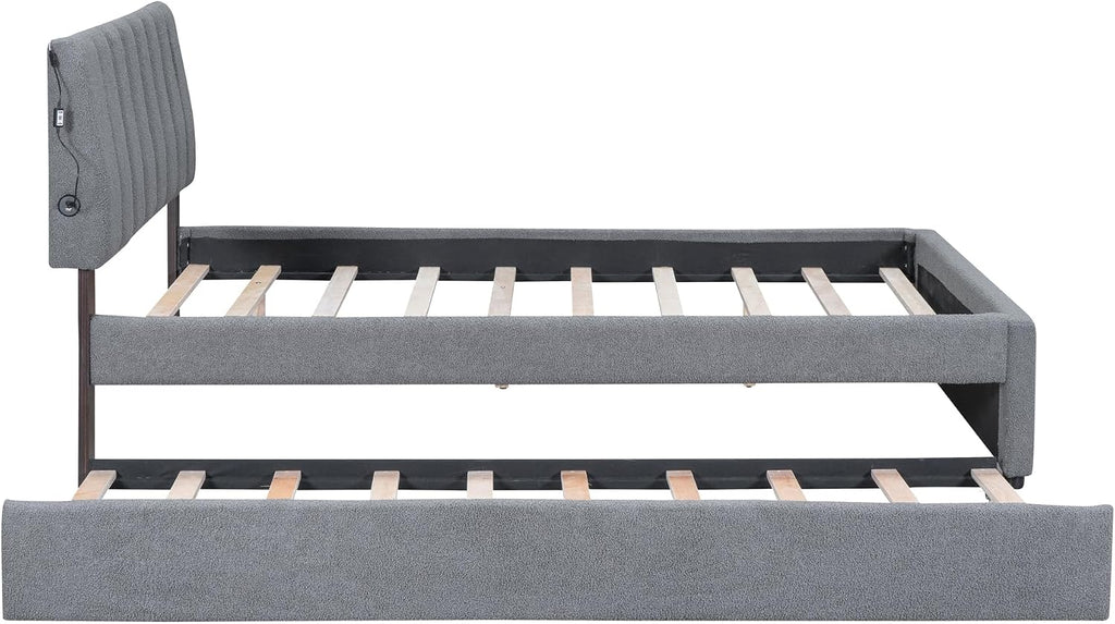 Ball & Cast Full Szie Upholstered Bed Frame with LED Light and Trundle,Teddy Fleece Platform Bed w/Channel Tufted Headboard &Wooden Slats Support,No Box Spring Needed, for Bedroom,Gray