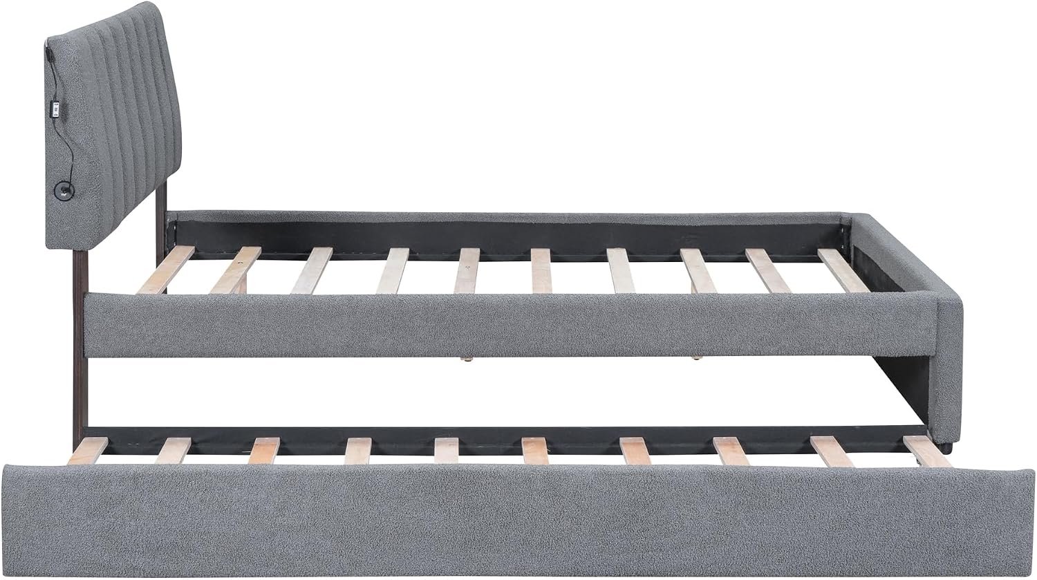 Ball & Cast Full Szie Upholstered Bed Frame with LED Light and Trundle,Teddy Fleece Platform Bed w/Channel Tufted Headboard &Wooden Slats Support,No Box Spring Needed, for Bedroom,Gray