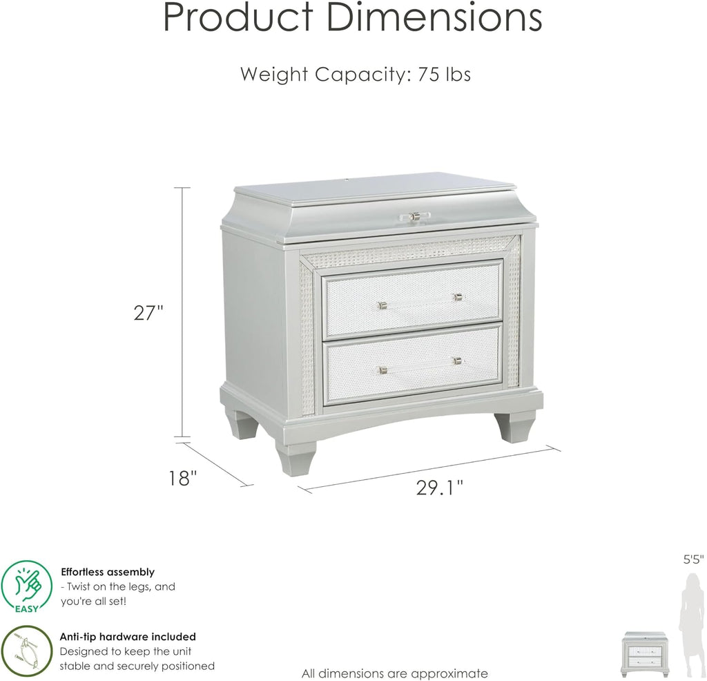 Furniture of America Silvia Glam Solid Wood 5-Piece Bedroom Set with Layered Frame Bed, Faux Crystal Trim LED on Nightstands and Dresser with Mirror, Box Spring Needed for Bedroom, King, Silver