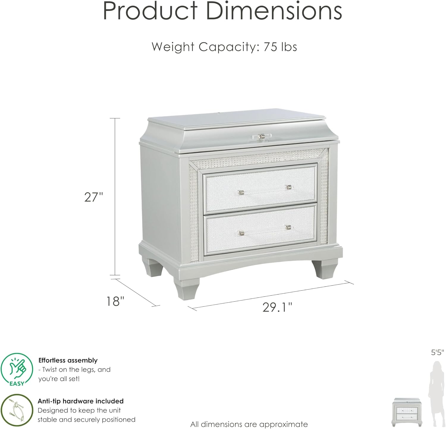 Furniture of America Silvia Glam Solid Wood 5-Piece Bedroom Set with Layered Frame Bed, Faux Crystal Trim LED on Nightstands and Dresser with Mirror, Box Spring Needed for Bedroom, King, Silver