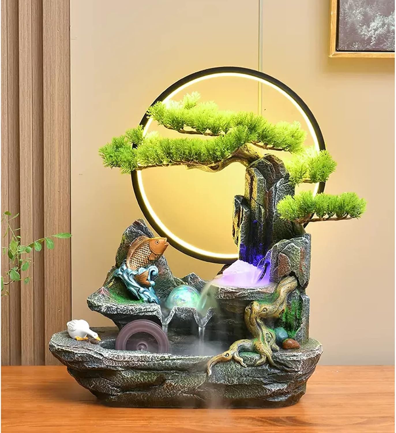 Desktop Fountain Tabletop Fountain Resin Mountain Stone Waterfall Cascading with Round LED Lights and Fake Trees Home Office Decoration Small Table Lamp