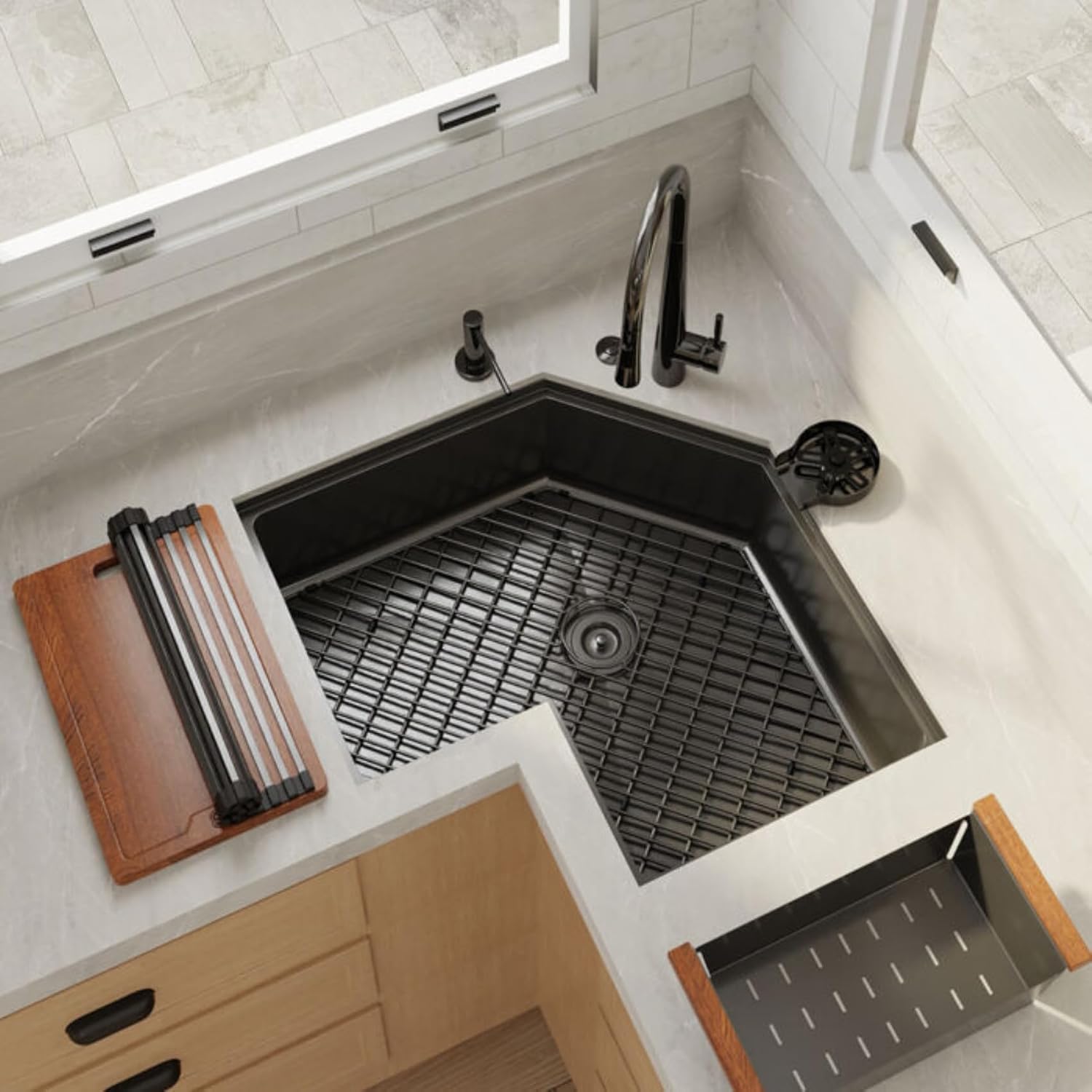 Strictly Sinks 30 Inch Corner Kitchen Sink Undermount– 16 Gauge Stainless Steel Butterfly Sink Undermount, Scratch & Stain Resistant Corner Single Bowl Workstation Sink with Accessories (Black)