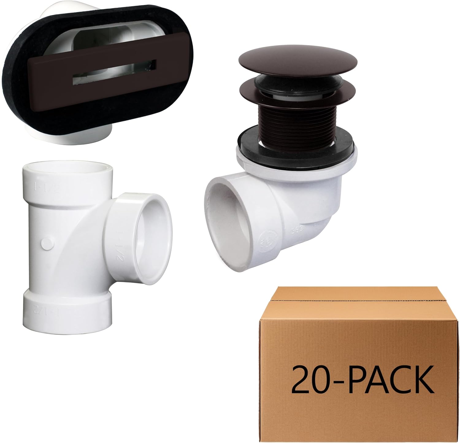 Westbrass D560RK-12 SCH. 40 PVC 1-1/2' Coarse Thread Plumber's Pack Tip-Toe Bathtub Drain Plug with Linear Overflow Faceplate, Tee & Elbows, Oil Rubbed Bronze (20-Pack)