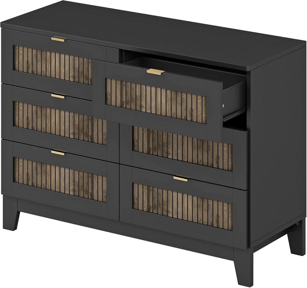 JIJIWANG 4-Pieces Bedroom Sets, Queen Size Farmhouse Platform Bed with Wooden Strip Stickers Decoration, Storage Nightstand and Dresser with Metal Handle, Black