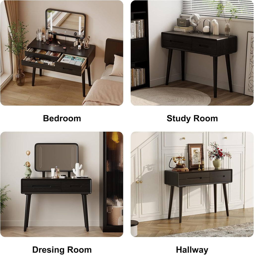 Solid Wood Vanity with Mirror and Lights, Adjustable Brightness, Wood Makeup Vanity with 3 Drawers, Semi-Assembled, Vanity Desk for Bedroom (Black)