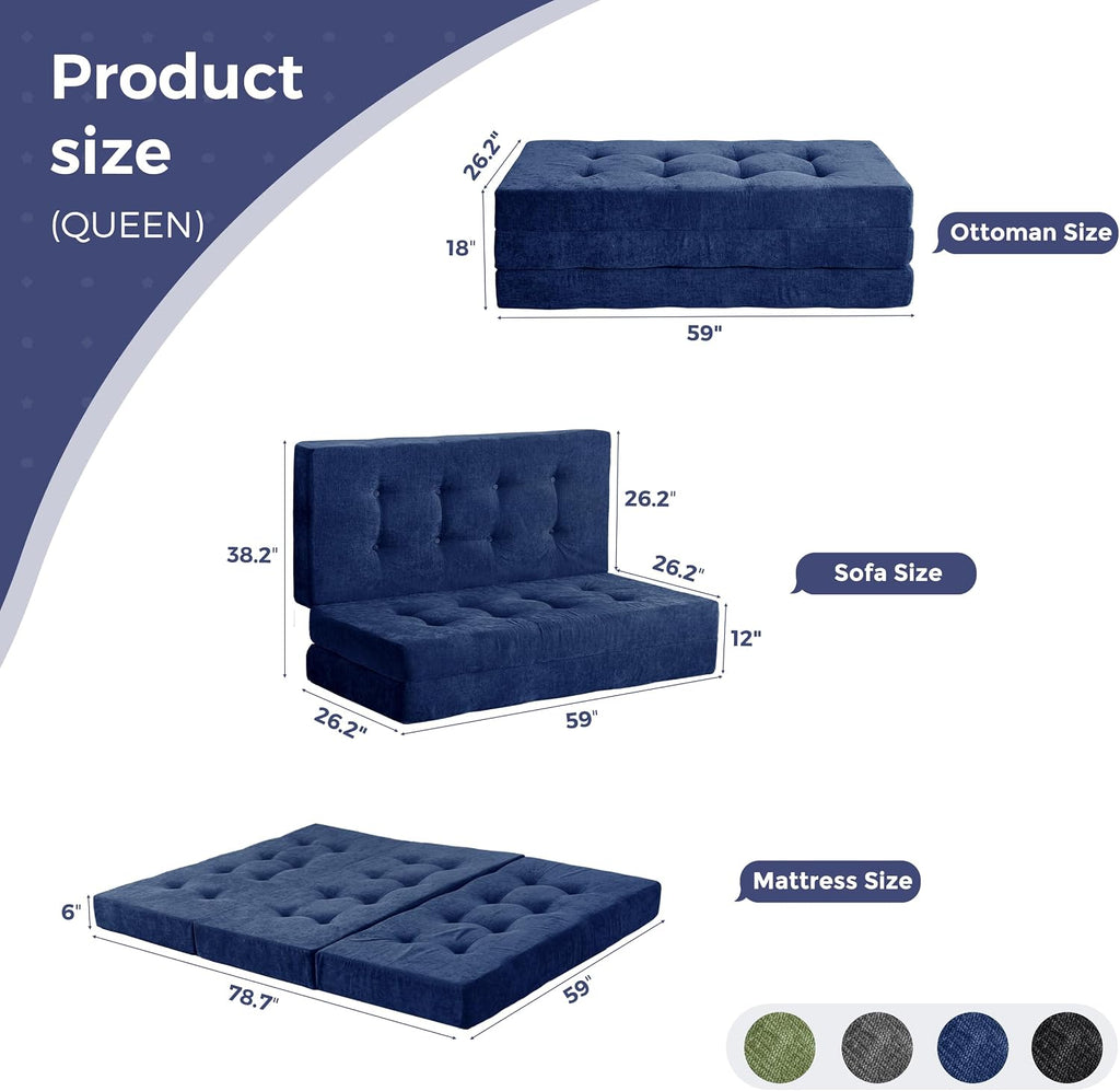 MAXYOYO 6' Folding Sofa Bed for Floor, Tufted Tri-Fold Floor Mattress with Chenille Fabric, Queen Size Portable Sofa Couch Guest Mat for Adults, Foldable Topper for Camping, Navy, 59'x78.7'