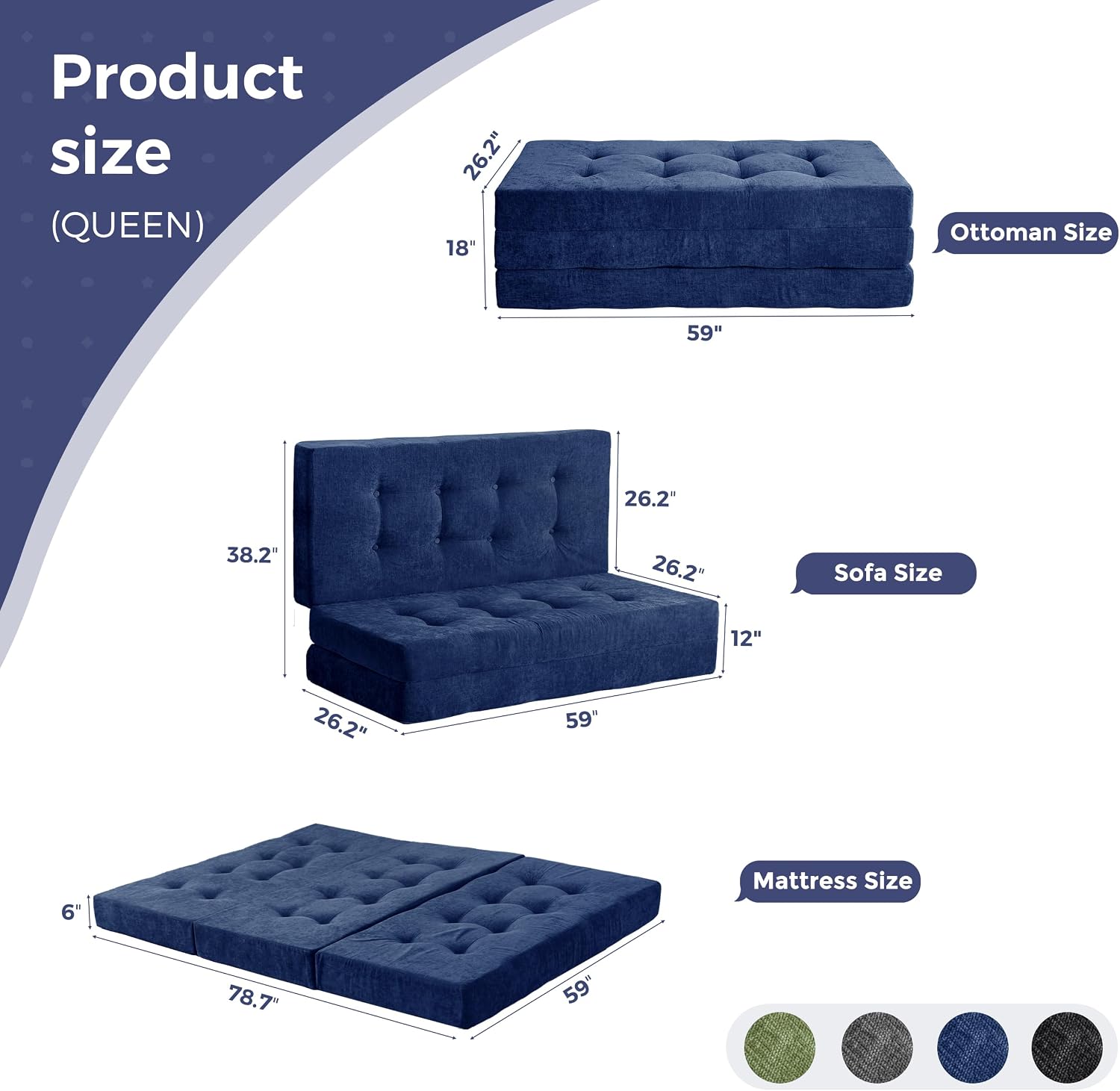 MAXYOYO 6' Folding Sofa Bed for Floor, Tufted Tri-Fold Floor Mattress with Chenille Fabric, Queen Size Portable Sofa Couch Guest Mat for Adults, Foldable Topper for Camping, Navy, 59'x78.7'