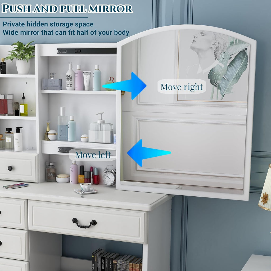 Montary Makeup Vanity Desk with Mirror and Lights, White Vanity Table Set with 6 Drawers & Sliding Mirror & Storage Shelves & Stool, 3 Lighting Modes Brightness Adjustable, Vanity Set Dressing Table