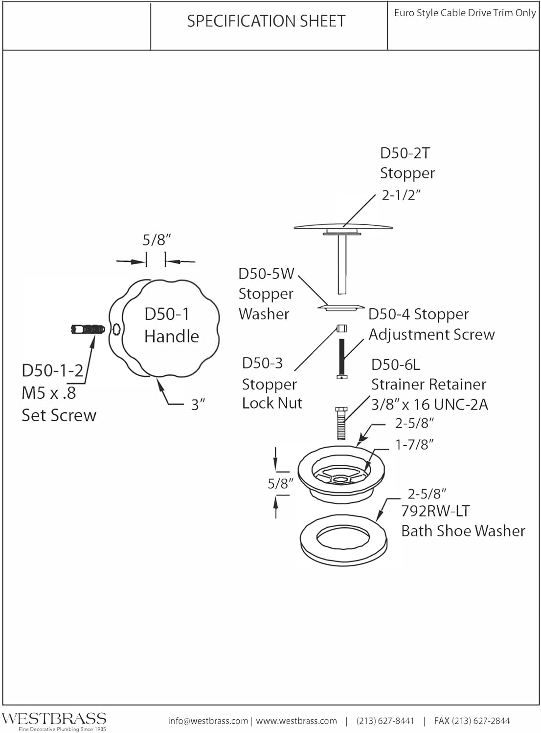 Westbrass D50TE-10-26 Standard 1-1/2' Replacement Trim for Cable Drive Bath Drain Waste & Overflow Assemblies, Polished Chrome (10-Pack)