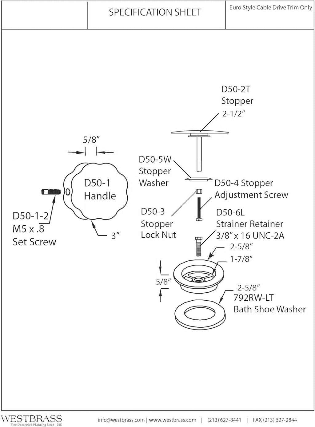 Westbrass D50TE-10-50 Standard 1-1/2' Replacement Trim for Cable Drive Bath Drain Waste & Overflow Assemblies, Powder Coat White (10-Pack)