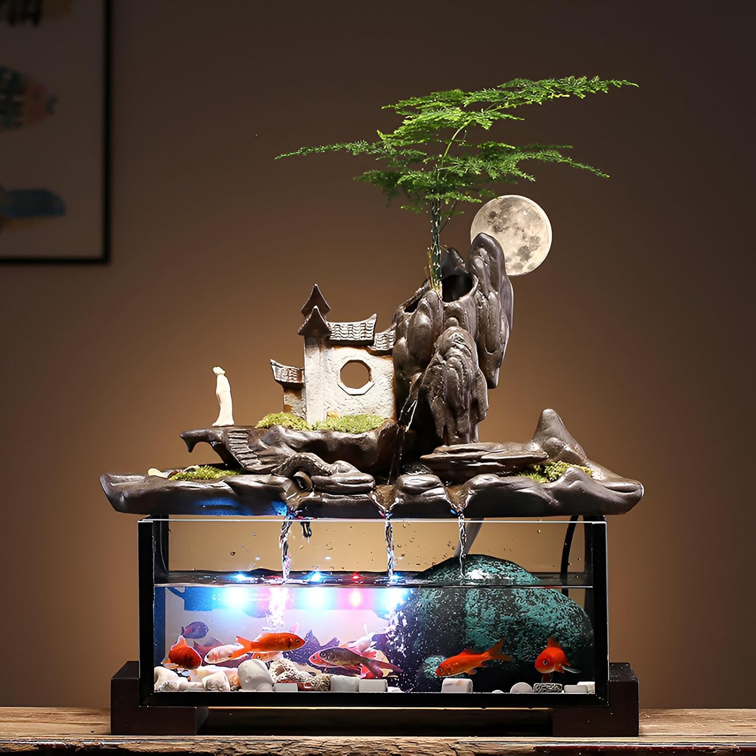 Desktop Ceramic Water Fountain Fish Tank - Adjustable Water Flow with LED Lights | Indoor Decoration Fortune Gifts+15 PCS Free Crystals (Style 5)