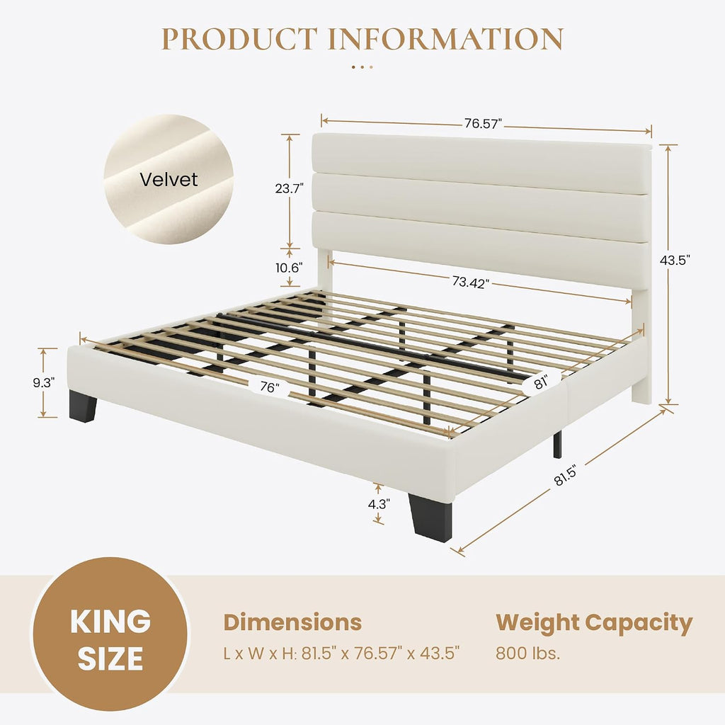 SHA CERLIN King Platform Bed Frame with Velvet Upholstered Headboard, Mattress Foundation with Strong Wooden Slats Support, No Box Spring Needed, Cream