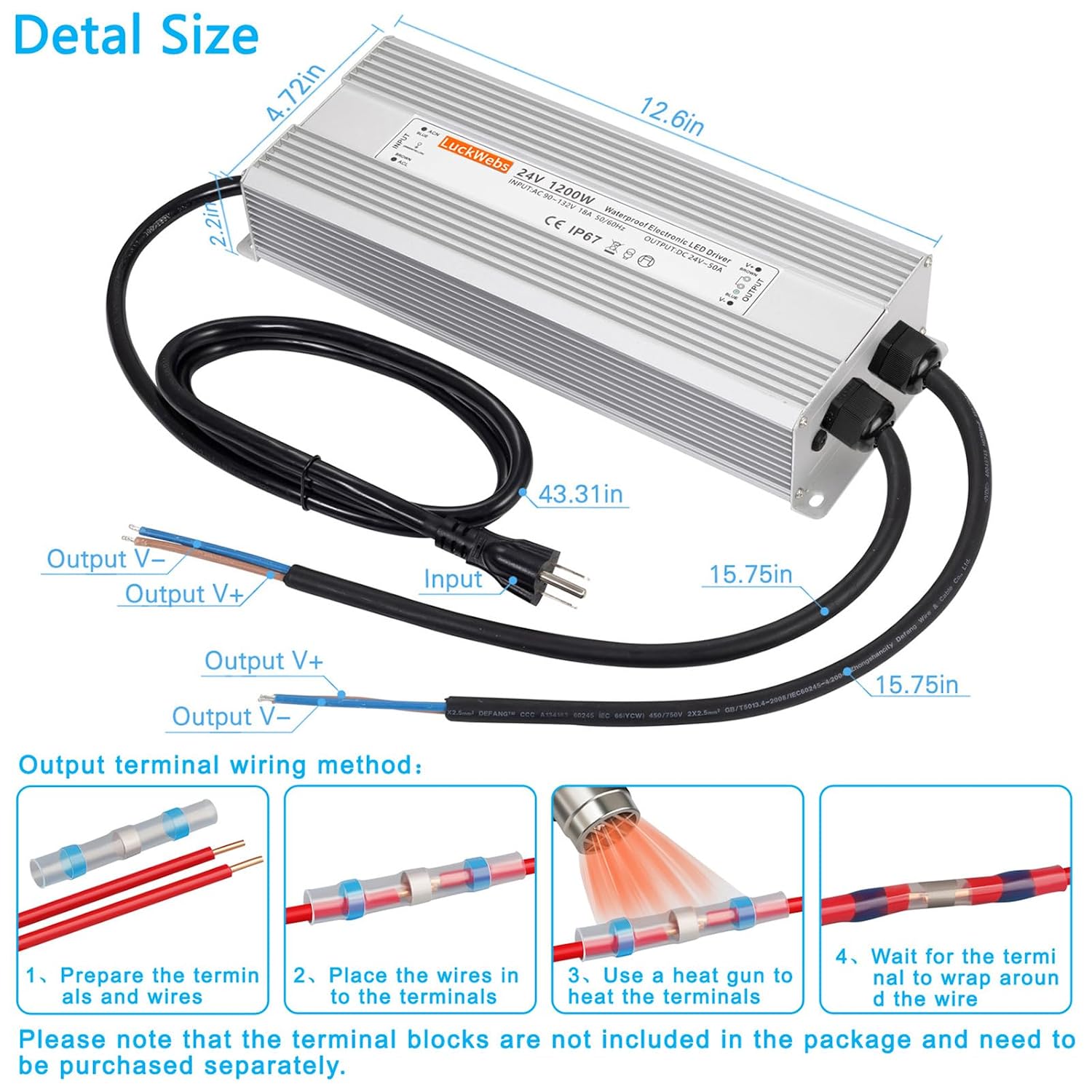 LED Driver 24V 1200W Waterproof Power Supply AC 90-130V to DC 24V50A Low-Voltage Transformer IP67 Rated Converter Suitable for High-Power LED Lighting and Any 24V DC Equipment