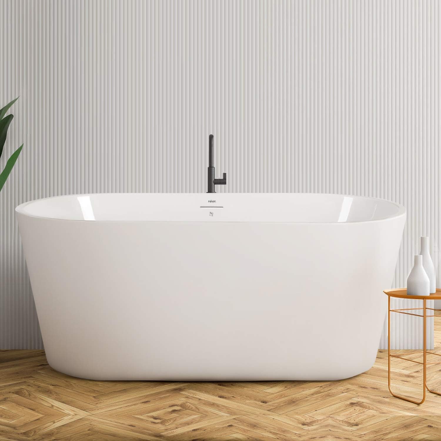 FerdY Shangri-La 55' Acrylic Freestanding Bathtub, Ergonomic Lightweight Classic Oval Soaking Bathtub with Brushed Nickel Drain, Minimalist Linear Design Overflow, Modern White