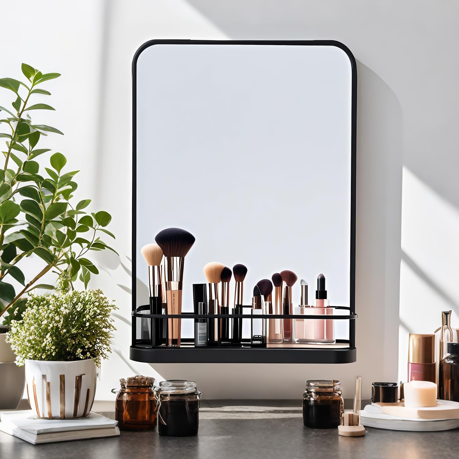 VASUHOME Black Bathroom Mirror with Shelf, 32'x22' Wall Mounted Vanity Mirror with Metal Frame & Rounded Corners, Storage Shelf for Bathroom, Bedroom, Living Room, Entryway