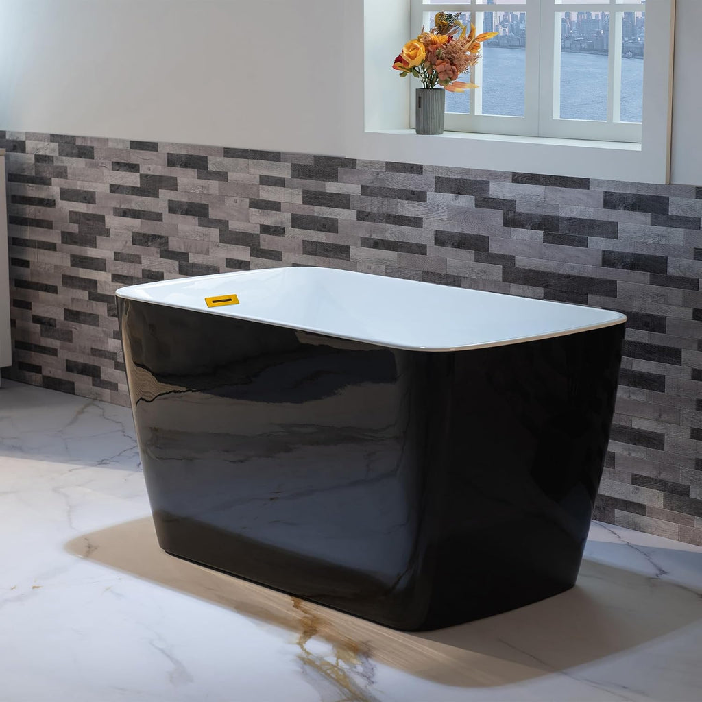 WOODBRIDGE 48' Acrylic Freestanding Square Shape Janpanese Soaking Tub with Pre-molded Seat and Brushed Gold Pop-UP Drain and Overflow Option, Black, B1870-BG