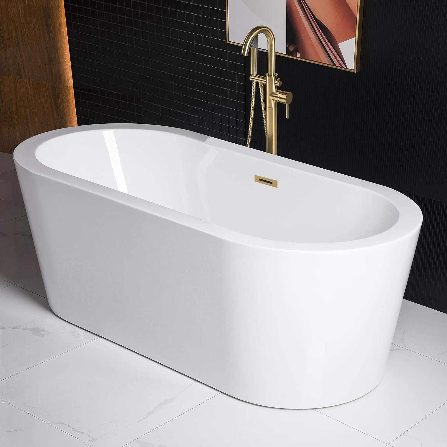 WOODBRIDGE 67' Acrylic Freestanding Bathtub Contemporary Soaking White Tub with Brushed Gold Overflow and Drain，B0002 -BG-Drain &O