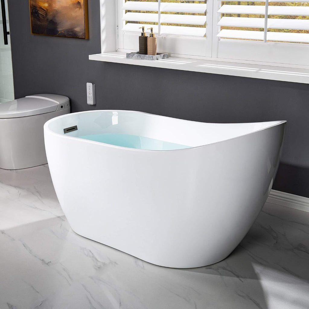 WOODBRIDGE 54' Acrylic Freestanding Bathtub Contemporary Soaking White Tub with Matte Black Overflow and Drain，BTA1507 -MB-Drain &O