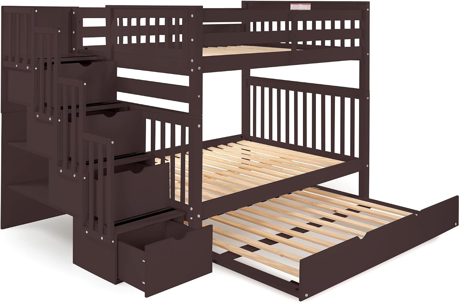 Bedz King Stairway Bunk Beds Full Over Full with 4 Drawers in the Steps and a Full Trundle, Dark Cherry