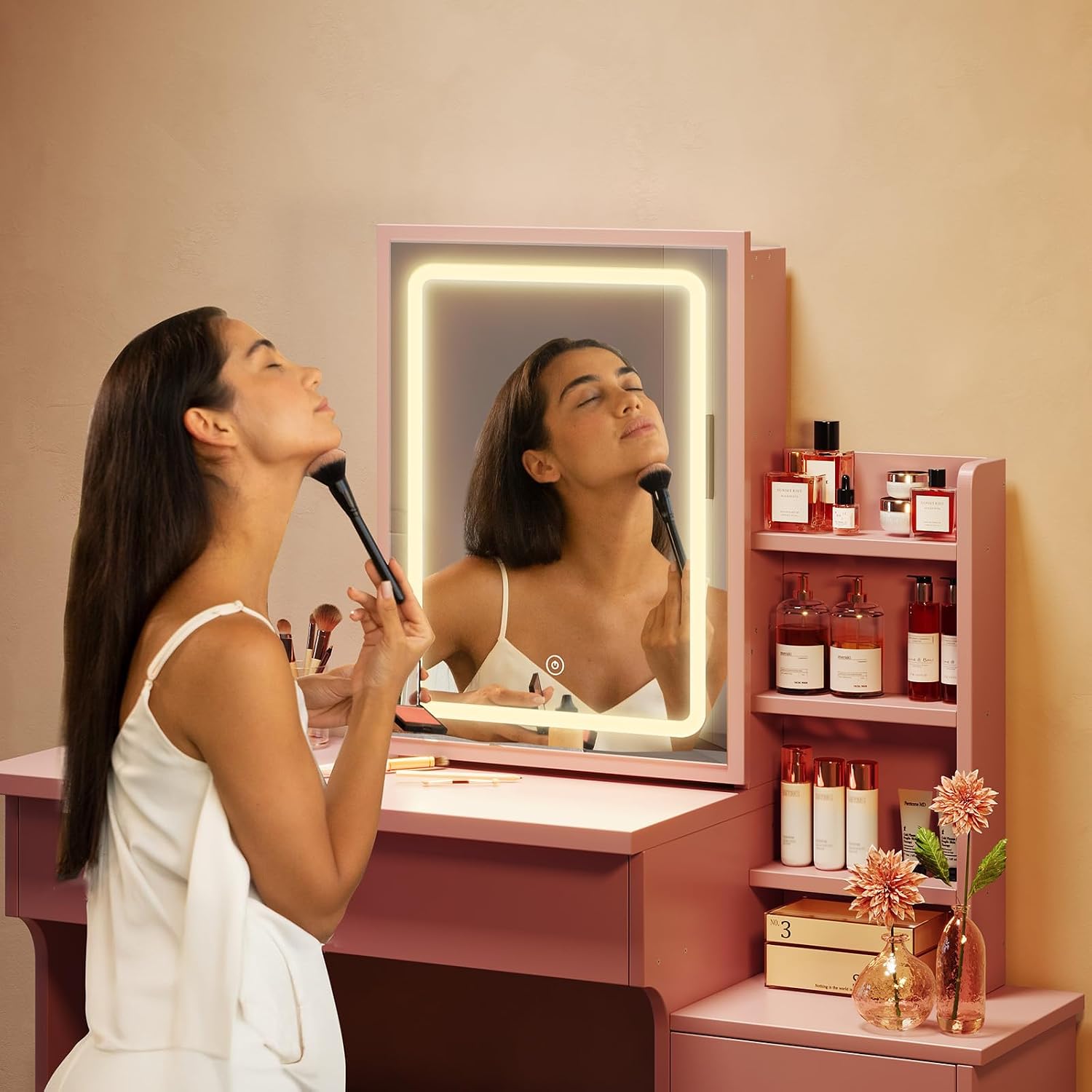 Memobarco Vanity Desk with Mirror and Lights, Makeup Vanity with 3 Adjustable Lighting Modes, Small Vanity Desk with Sliding Mirror, 4 Drawers, 7 Shelves, Vanity Chair for Bedroom, Pink