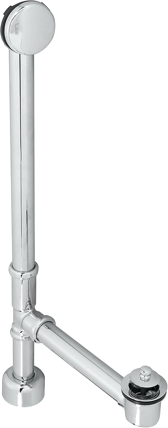 Westbrass D3221HK-26 22-1/2' Brass Bath Waste & Overflow Assembly with Twist & Close Drain Trim and No-Hole Elbow, Polished Chrome