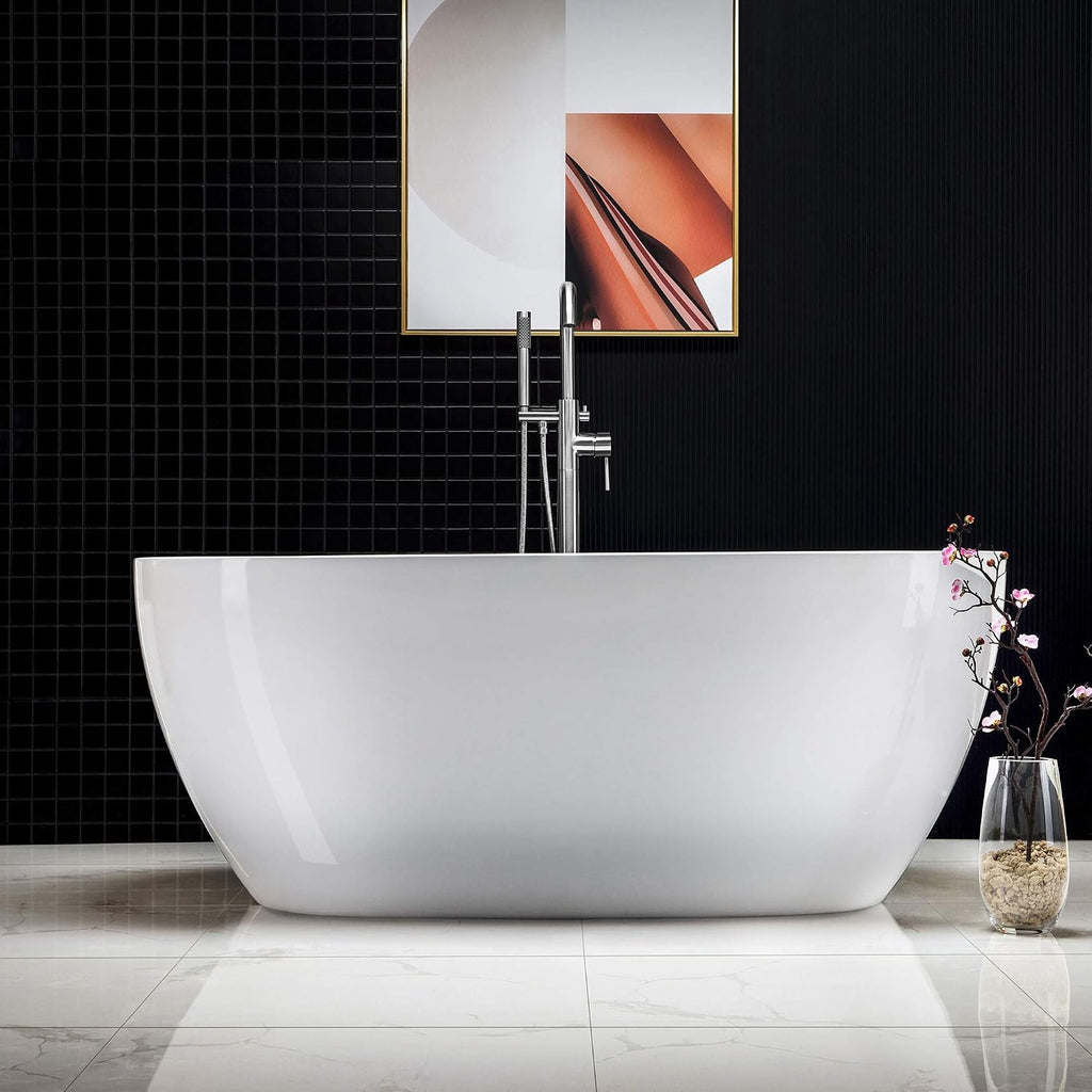 WOODBRIDGE 59' Freestanding White Acylic Soaking Bathtub with Chrome Drain and Overflow,BTA1518 -C-Drain &O