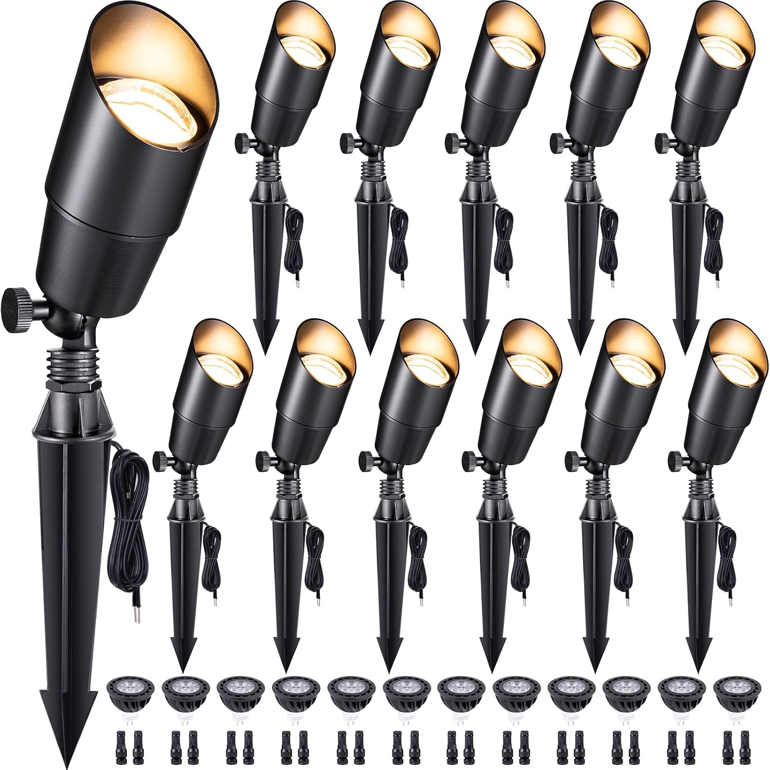 Gardenreet LED Spot Light Outdoor - Die-Cast Brass 12V Uplighting Waterproof, Low Voltage Landscape Lights Metal, Black for Fence Fountain with Warm White MR16 Replaceable Bulbs (12 Pack)