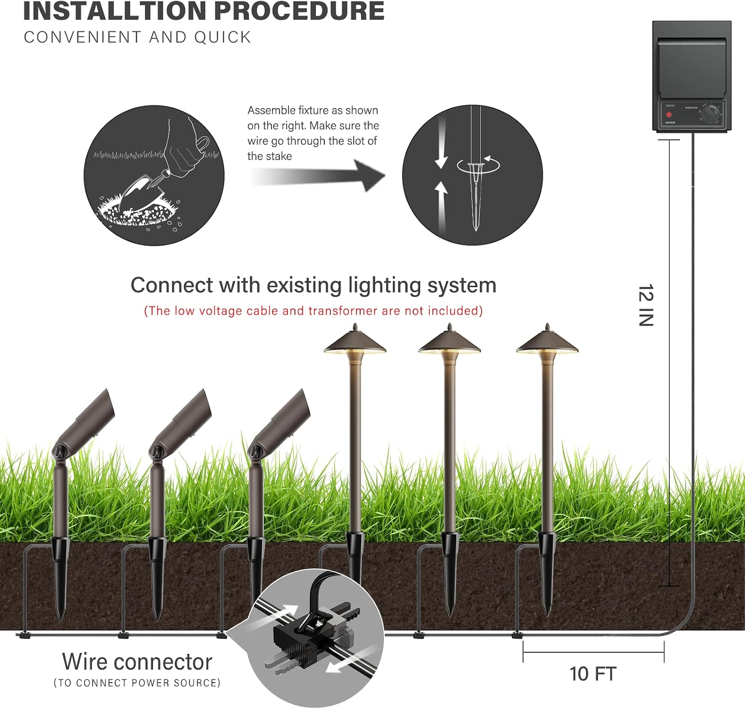 Malibu Low Voltage Landscape Lights Kit Outdoor Pathway Lighting 12V spot Lights 10 Pack with Electrical Wire and Low Voltage Transformer for Outdoor Garden Driveway 8308-9903-10, Bronze