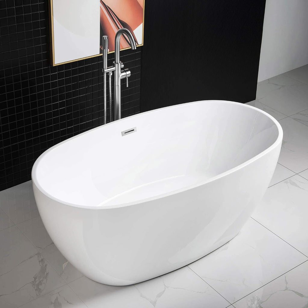 WOODBRIDGE 59' Freestanding White Acylic Soaking Bathtub with Chrome Drain and Overflow,BTA1518 -C-Drain &O