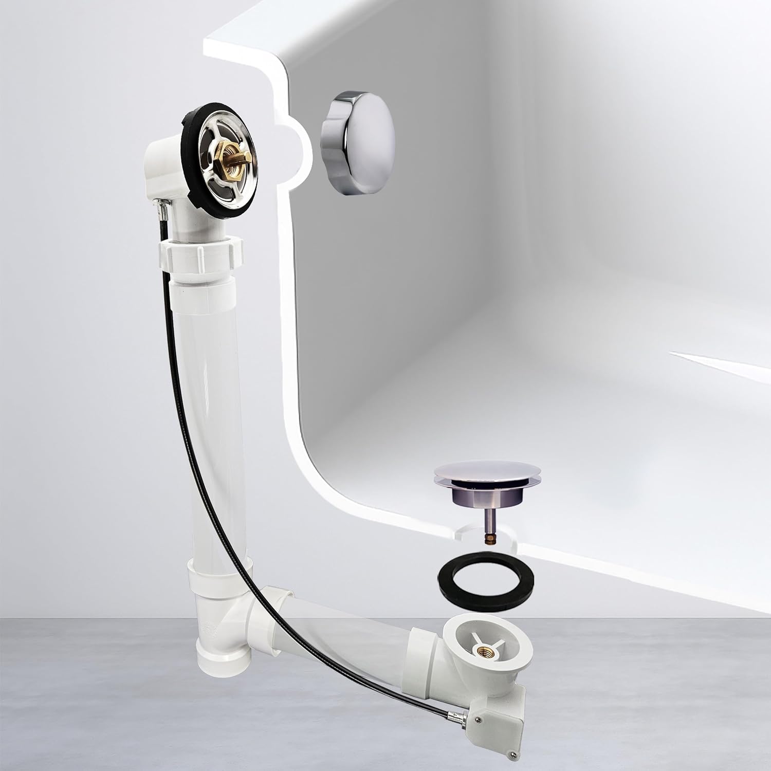 Westbrass A50P45BJ-26 1-1/2' Sch. 40 PVC 45' Cable Driven Bath Waste Kit with Ball Joint Head and Brass Trim Drain Kit, Polished Chrome