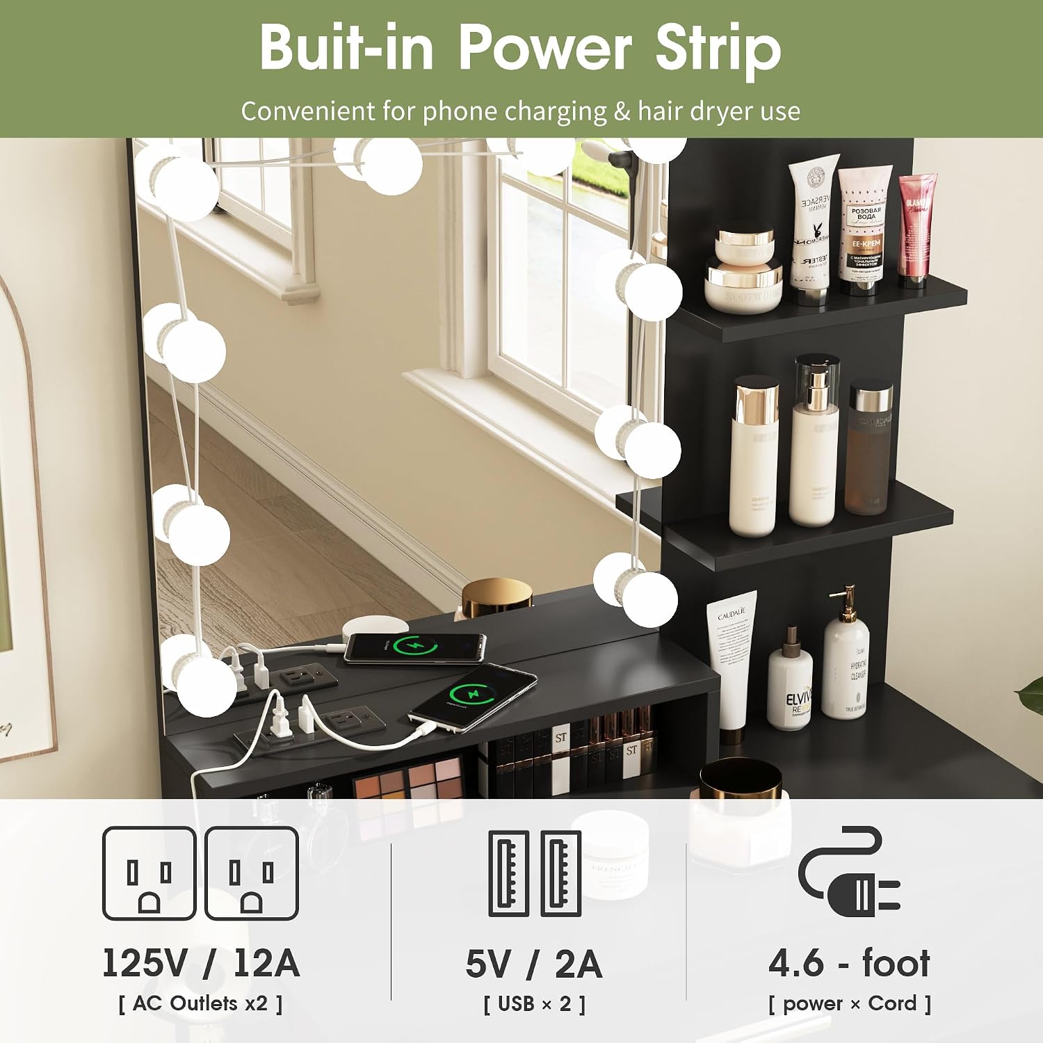 Vabches Small Vanity Desk with Mirror and Lights, Makeup Vanity with Storage Chair & Power Strip,Girl Dressing Table Set with Drawer for Bedroom,3 Lighting Modes,Brightness Adjustable,Black