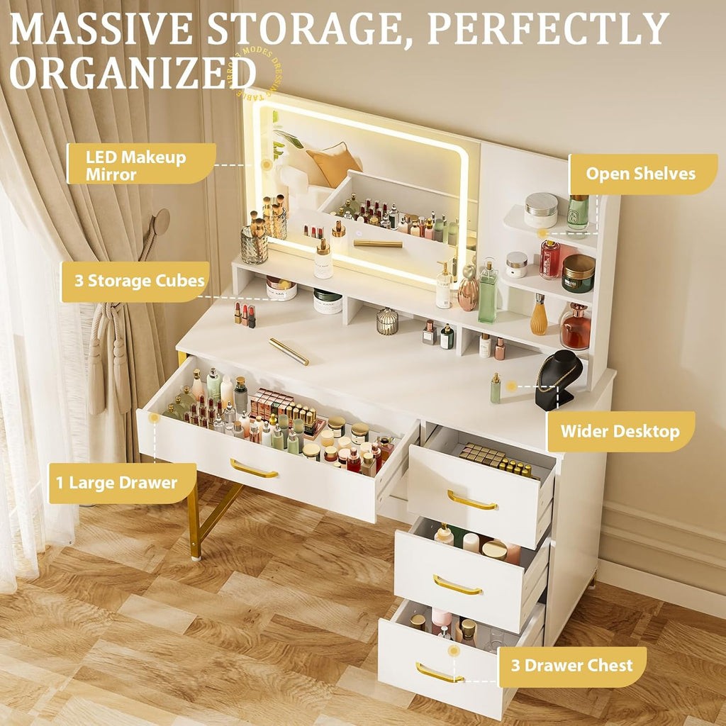 COMHOMA Vanity Desk with Mirror and Lights, Makeup Vanity Table with 4 Drawers & Storage Shelves, Large HD Mirror, 3 Color Modes & Adjustable Brightness, Modern Dressing Table for Bedroom, Pearl White