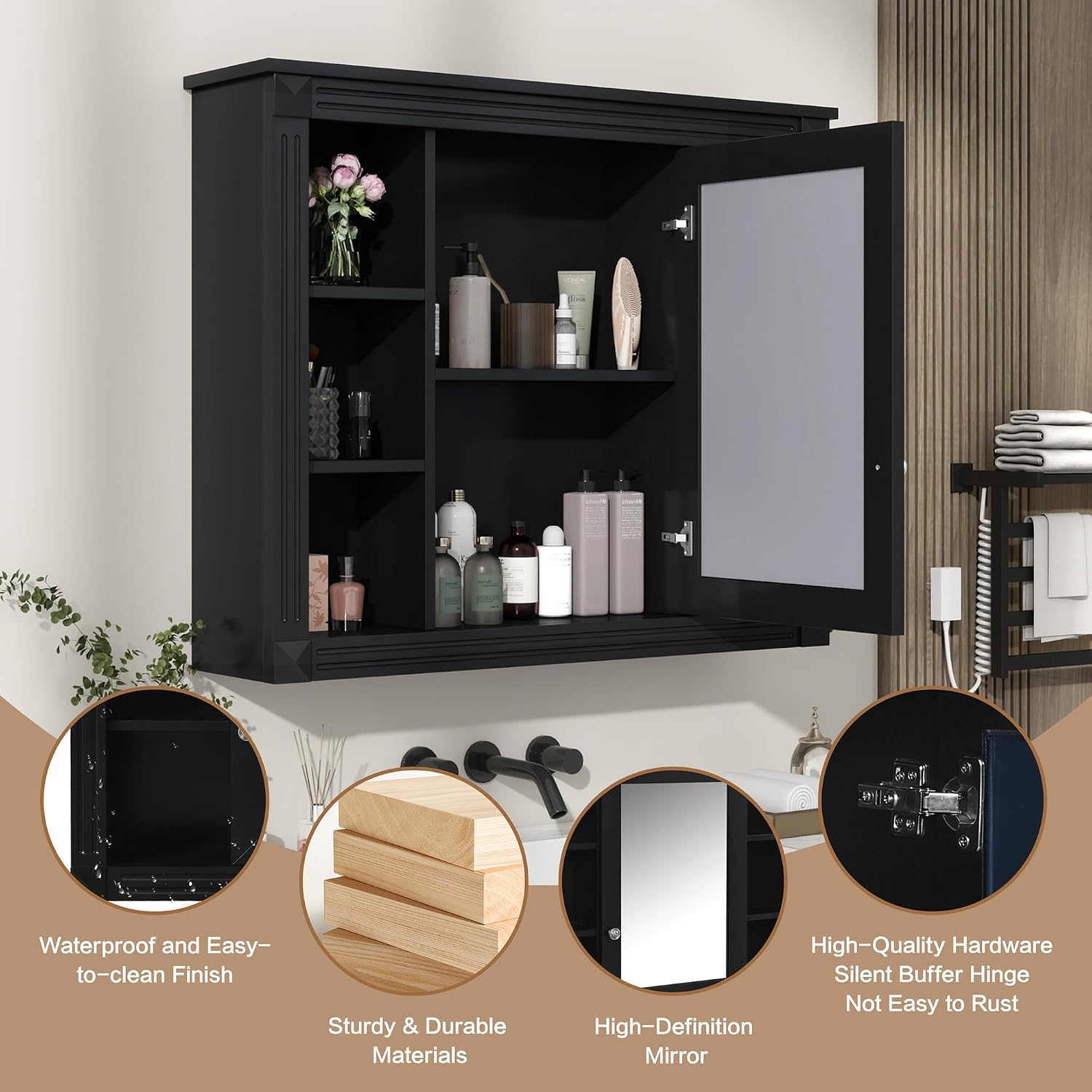 Merax Medicine Cabinet with Mirror, Wall Mount Bathroom Cabinet Over Toilet Storage Cabinet Organizer with Door and Open Shelves, Mirrored Bathroom Wall Cabinet
