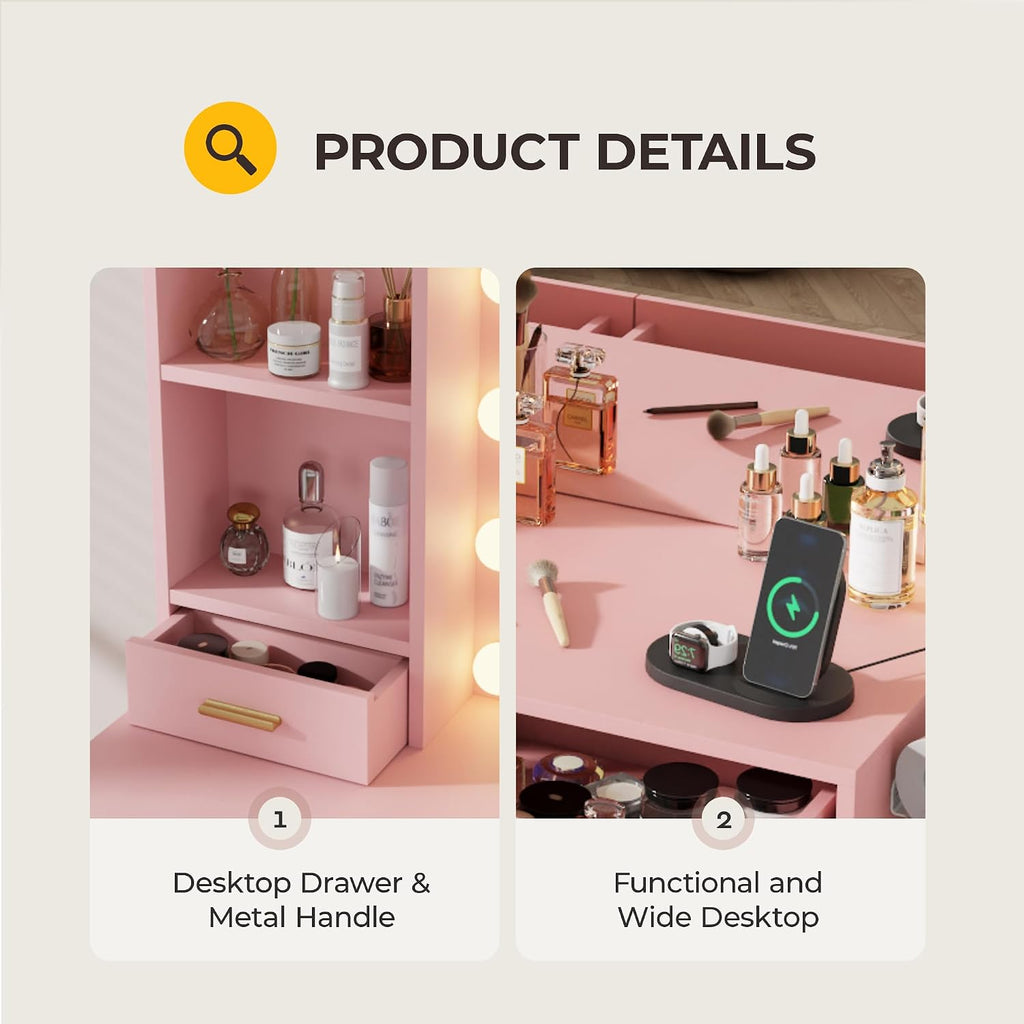 Otterease Vanity Desk with LED Lighted Mirror&Power Outlet, 3 Lighting Colors Makeup Vanity with 5 Large Drawers and 3 Storage Shelves, Vanity with Storage Stool for Bedroom, Pink