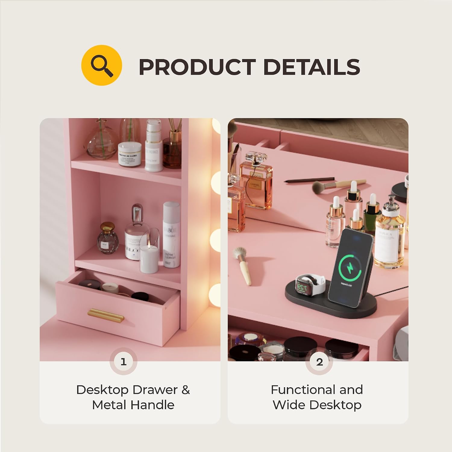 Otterease Vanity Desk with LED Lighted Mirror&Power Outlet, 3 Lighting Colors Makeup Vanity with 5 Large Drawers and 3 Storage Shelves, Vanity with Storage Stool for Bedroom, Pink