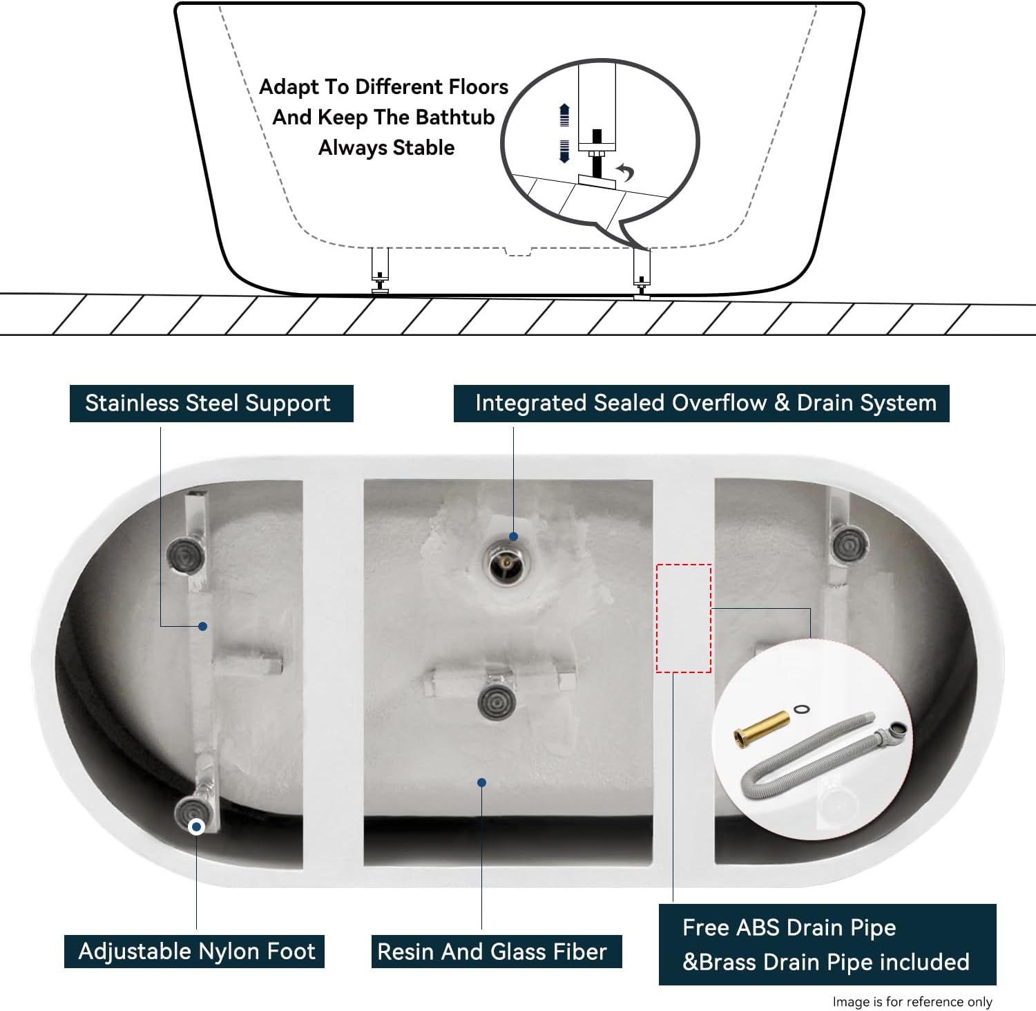 FerdY 67' Bali Acrylic Freestanding Bathtub, Gracefully Shaped Freestanding Soaking Bathtub, cUPC Certified, Toe-Tap Brushed Nickel Drain and Minimalist Linear Design Overflow Included