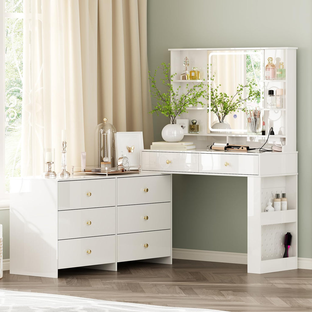 Ieejdn Makeup Vanity Desk with Mirror and Lights, Vanity Desk with 8 Drawers & Storage Shelves, Vanity Table with Power Outlet, 3 Color Modes & Adjustable Brightness Dressing Table, Bedroom,White