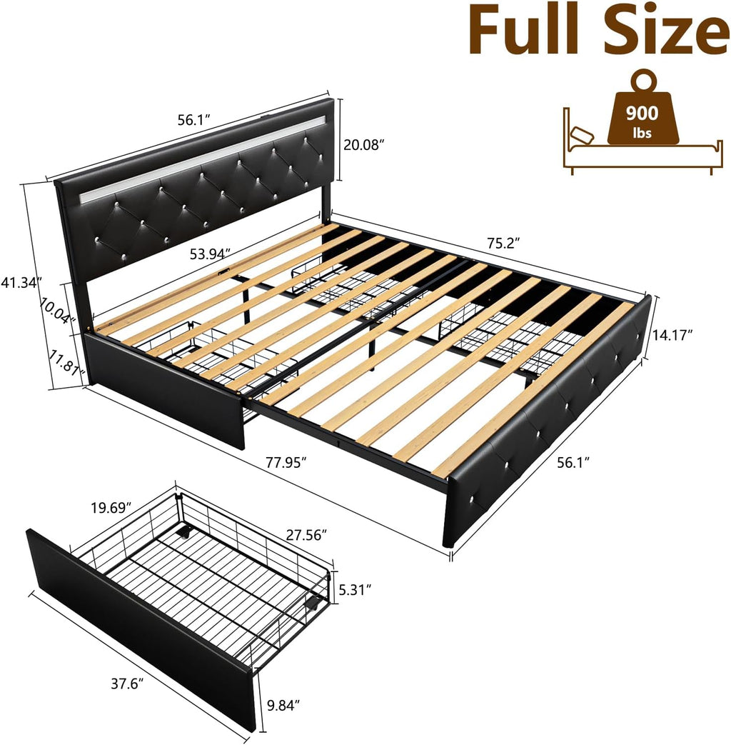 Benevika Full Size Bed Frame with 4 Drawers and Charge Station, PU Leather Upholstered Bed with Adjustable LED Headboard, Wooden Slats Support, No Box Spring Needed, Black