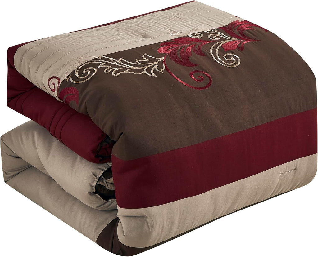 Chezmoi Collection Napa 7-Piece Luxury Leaves Scroll Embroidery Bedding Comforter Set (Oversized King, Burgundy/Taupe/Brown)