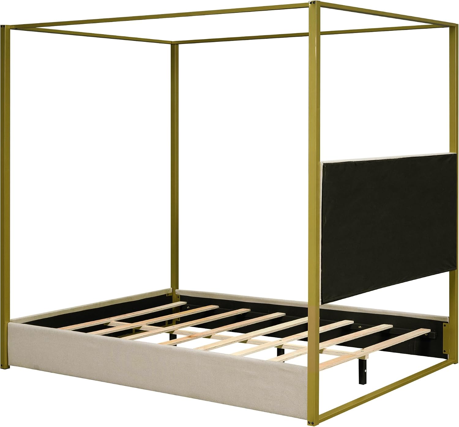Modern 4-Poster Canopy Platform Bed Queen Size with Channel Upholstery Tufted Headboard, Gold Metal Canopied Design Platform Bed Frame with Strong Slats Support (Beige+U)