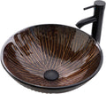 Vessel Sink 16.5' Bathroom Sinks Tempered Glass Brown Art Basin Round Bowl with Faucet Combo, Tree Streak Pattern,Modern Countertop Bowl Sink
