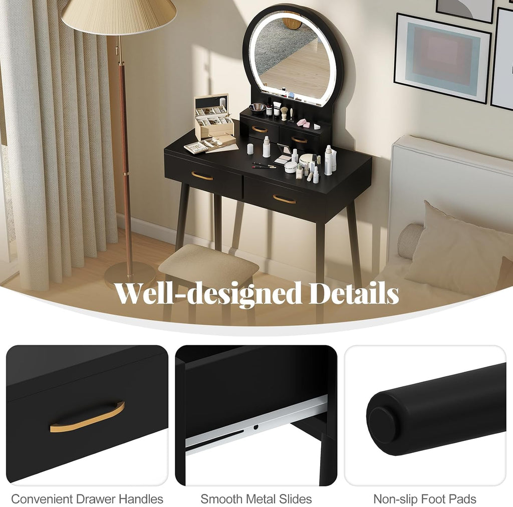 COSTWAY Small Vanity Desk with Mirror and Lights, Makeup Table with 4 Drawers, Vanity Stool, Round Lighted Mirror, 3 Color Modes, Dressing Table Set for Bedroom Small Space (Black)